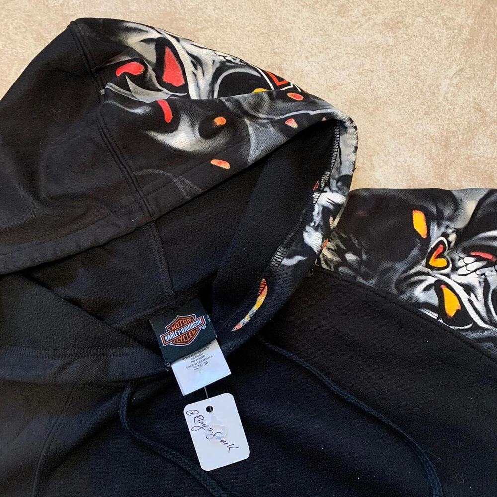 Y2K Vintage Harley Davidson Skull Flames Sleeve Hoodie - Picture 3 of 6